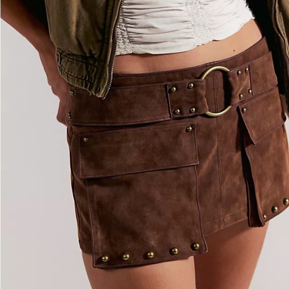 Olive Cropped Utility Jacket with Brown Suede Shorts Set - Picture 5 of 5